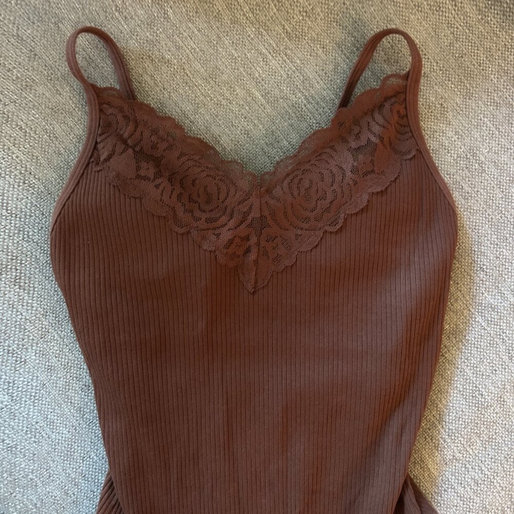 Victoria Secret Pink Ribbed Lace Bodysuit in Brown - Small